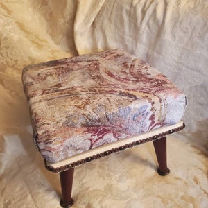 Red, Peach, Beige and Blue Paisley Print, Brand New Footstool or Ottoman with Burgandy Red Legs, Handmade Furniture