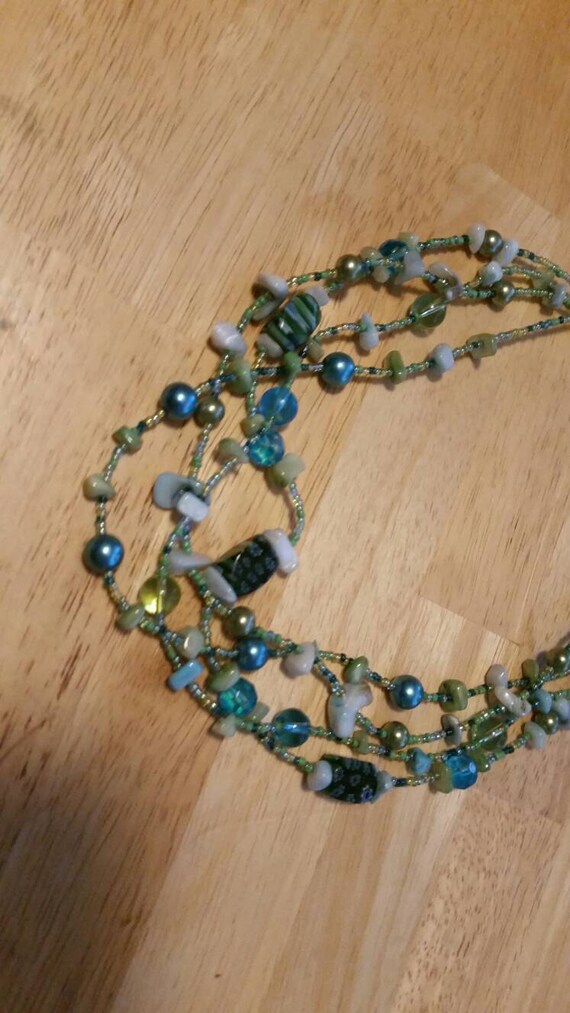 White, Turquoise Blue and Green 4 Strand Beaded N… - image 2