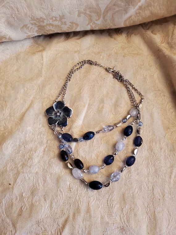 Bleu blanc et argent collier multi brins de 20 pouces pendentif en email de fleurs bijoux fantaisie accessoire de mode Etsy France