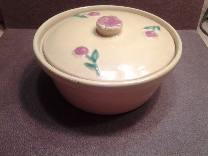 On Sale Collectible 1940s Coors Pottery Rosebud Design Bright Yellow Covered Casserole Dish