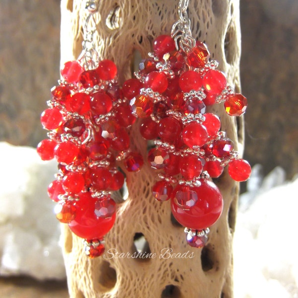 CLEARANCE Red Jade & Crystal Waterfall Earrings - Red Jade Earrings, Red Earrings, Crystal Earrings, Chandelier Earrings, Dangling Earrings