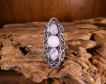 Sterling Silver Moonstone Ring Size 9.25 - Moonstone Ring, Moonstone Jewelry, Statement Ring, Knuckle Ring, Big Ring, Boho Ring, Silver Ring