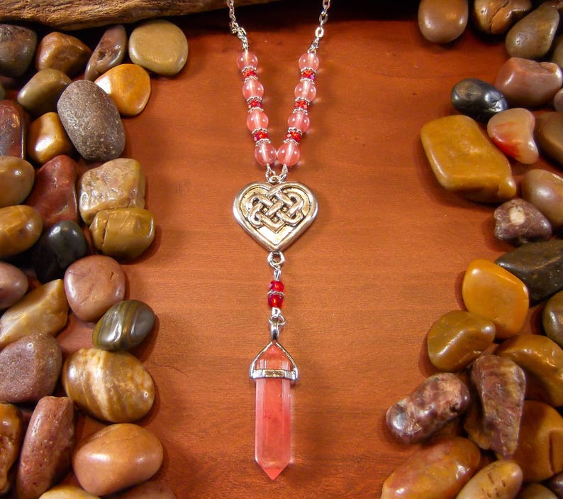 Red Cherry Quartz Celtic Heart Necklace Heart Necklace Crystal Necklace Celtic Heart Necklace Red Cherry Quartz Necklace Celtic Heart