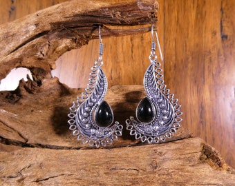 Black Onyx Sterling Silver Earrings - Black Onyx Earrings, Onyx Earrings, Boho Earrings, Dangling Earrings, Sexy Earrings, Long Earrings
