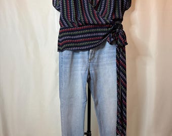 Nanette Lepore Floral Stripe Wrap Blouse Size 8 | Boho Chic V-Neck Cap Sleeve Top