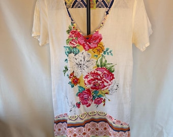 Johnny Was Floral Cotton Tunic Top Boho Cream Short Sleeve