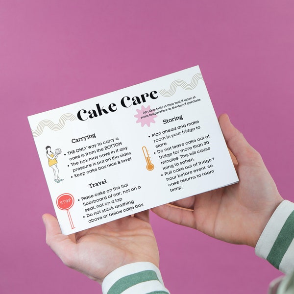 Cute Cake Instruction Card - for Bakeries or Home Bakers or Cake Decorators