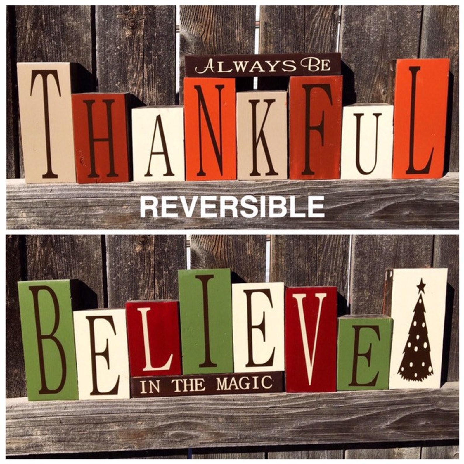 Reversible Thanksgiving Christmas Wood Block