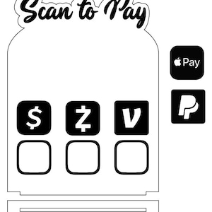 Pode incluir: Uma placa branca com o texto "Scan to Pay" em preto. Abaixo do texto, há três quadrados pretos com símbolos de moeda: um sinal de dólar, um sinal de libra e um sinal de euro. Abaixo dos quadrados, há três quadrados pretos vazios. À direita da placa, há dois quadrados pretos com logotipos: Apple Pay e PayPal.