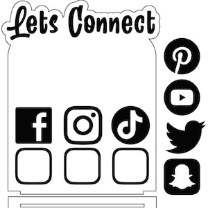 Könnte beinhalten: Schwarzweißes Grafik mit dem Text "Lets Connect" oben. Unter dem Text befinden sich Symbole für Social-Media-Plattformen wie Facebook, Instagram, TikTok, Pinterest, YouTube, Twitter und Snapchat.