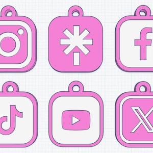 May include: Six pink and white social media logo charms, including Instagram, a stylized asterisk, Facebook, TikTok, YouTube, and X. Each charm has a loop for hanging and a white border.