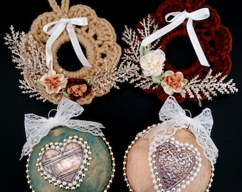 Victorian Style handmade ornament set in earthy colors with hearts, lace and flowers