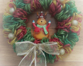 Handmade Holiday Deco Mesh Wreath with Gold Ornaments and Deer