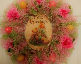 Spring Easter Wreath With Pale Green and Pink Flocked Tulle and Glittery Eggs