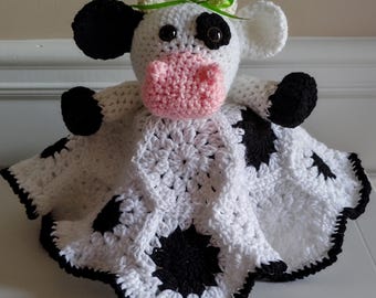 Handmade Crochet Cow Lovey, snuggler, baby gift, baby blanket