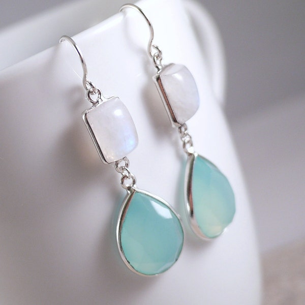 Moonstone and Aqua Chalcedony Earrings - Sterling Silver, US SHIP FREE