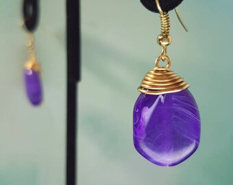 Purple and Gold Wire Wrapped Earrings