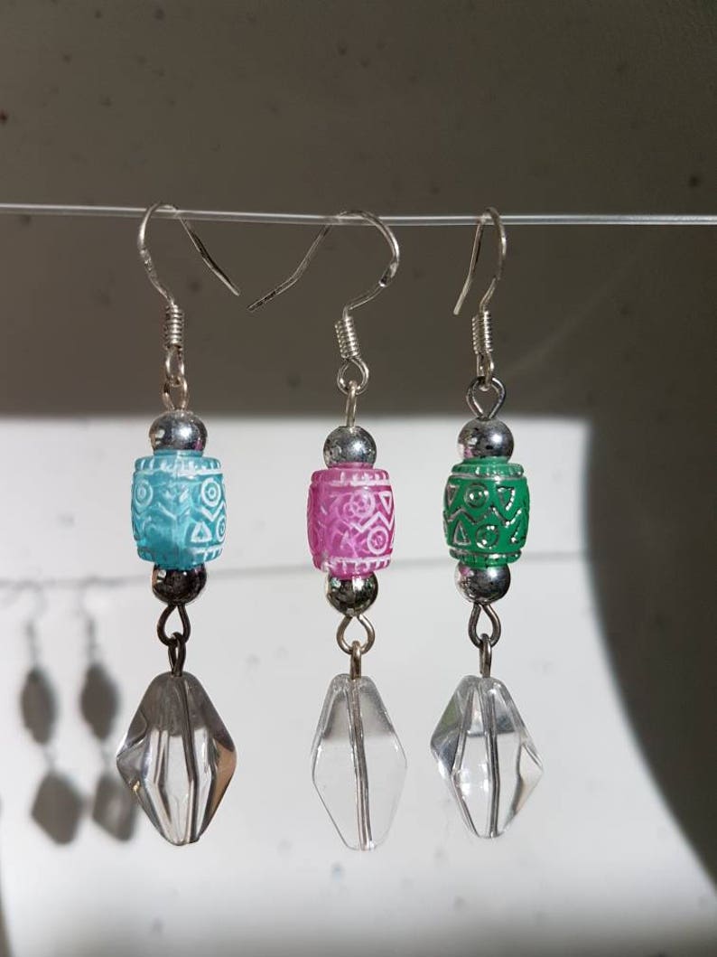 Blue Green Pink Aztec and White Earrings image 1