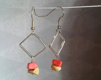 Orange and Yellow Stone Dangle Earrings with Metal Square