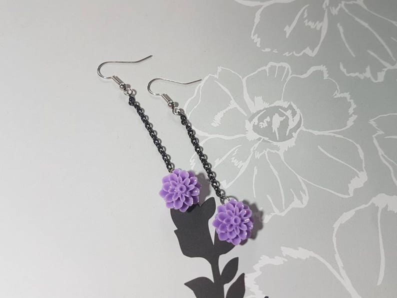 Lilac Purple and Black Chain Dangle Earrings image 1