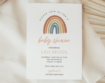 May include: A white baby shower invitation with a rainbow graphic in shades of brown, blue, and yellow. The text reads "Please join us for a baby shower" and includes details for Lisa Rivers' shower, including the date, time, and location. The RSVP information is also included.