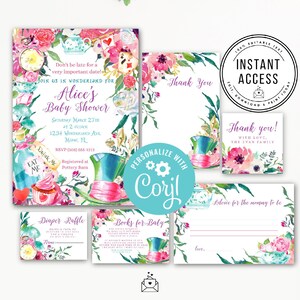 Alice in Wonderland Baby Shower Invitation Set,  Editable Wonderland Shower Invite Template, Instant Download Tea Party Printable Invites