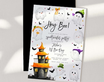 May include: A rectangular Halloween party invitation card featuring watercolor ghosts wearing colorful hats and bows, a haunted house, and bats. The text reads: Hey Boo! Please join us for a spooktacular party to celebrate John's 1st Boo-Day.