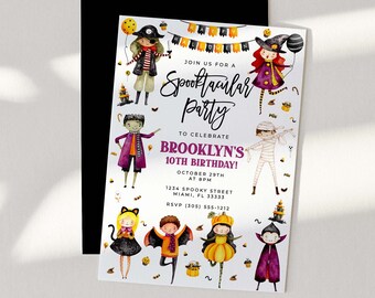 Halloween Birthday Invitation Template, Printable Girl Halloween Invite, Editable Spooky Celebration Costume Party Invite, Instant Download