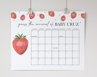 Plantilla de letrero de calendario de fecha de parto con forma de fresa, juego de adivinación de la fecha de nacimiento del bebé con forma de baya, baby shower dulce con forma de baya, juego de calendario para bebé, imprimible