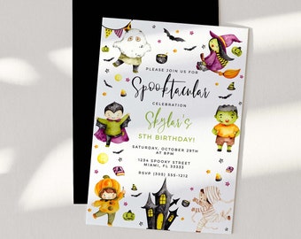 May include: A rectangular Halloween-themed birthday invitation card featuring watercolor illustrations of a ghost, witch, vampire, Frankenstein's monster, mummy, and pumpkin. The text reads: Please join us for Spooktacular celebration Skylar's 5th birthday.