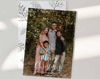 Plantilla de tarjeta navideña con foto minimalista moderna, tarjeta navideña sencilla imprimible, tarjeta navideña con foto familiar editable, descarga instantánea