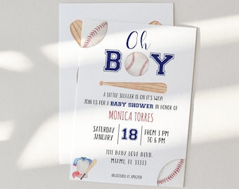 Pode incluir: Um convite branco para chá de bebê com ilustrações em aquarela de beisebol, incluindo um taco, uma bola e uma luva. O texto diz Oh Boy, A little slugger is on its way, Join us for a baby shower in honor of Monica Torres, Saturday January 18 from 3 pm to 6 pm, 1111 Baby Love Blvd, Miami, FL 33333, Registered at Amazon.