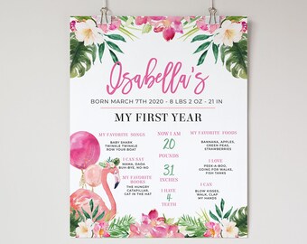 May include: A white milestone poster titled Isabella's My First Year, featuring watercolor pink flamingos, tropical leaves, and hibiscus flowers. It lists birth details of 8 lbs 2 oz and 21 in, plus stats including 20 pounds, 31 inches, and 4 teeth.