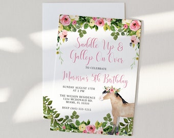 Editable Cowgirl Birthday Invitation Template, Girl Horse Birthday Invitation, Cowgirl Party Horse Invite, Pink Floral Birthday Invitation
