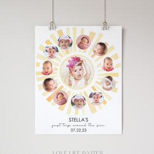 Sun First Year Photo Collage Template, Sunshine 12 months photo wall art, First trip around sun year photo milestones, Printable Download