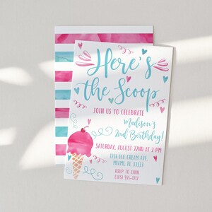 Ice Cream Birthday Invitation Ice cream social Party Here&#39;s the Scoop Pink Mint Girl Birthday Printable Editable Download