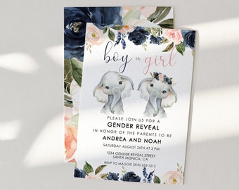 Könnte beinhalten: Einladungen zur Geschlechtsaufdeckung mit Aquarell-Blumendesigns und zwei Baby-Elefanten. Der Text lautet "Junge oder Mädchen" mit Veranstaltungsdetails. Die Einladungen sind auf weißem Karton mit floralem Muster auf der Rückseite gedruckt.