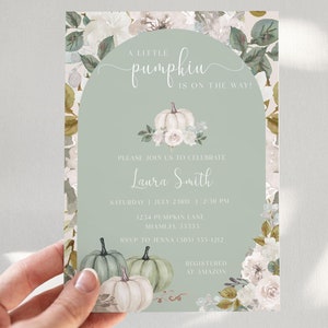 Little Pumpkin Baby Shower Invitation, Sage Green Baby Shower Invites, White Pumpkin Invitation Baby Shower Template, Gender Neutral Shower