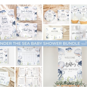 Under the Sea Baby Shower Invitation Bundle, Printable Boy Baby Shower Ocean Animals Invitation Editable Games, Blue Baby Shower Decorations