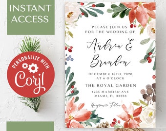 May include: Wedding invitation with floral accents, featuring the names Andrea & Brandon, date, time, and location. Includes text: "Instant Access", "Personalize with Corjl", and "Download & Print". Festive holiday theme.