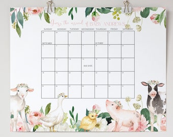 Farm Baby Shower Due Date Calendar Game, Guess the Due Date Barnyard Due Date Calendar Game, Pink Due Date Calendar Game Instant Download