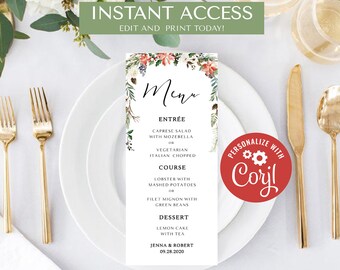 Winter Wedding Menu Card Printable, Editable Menu Template, Christmas Wedding Menu, Holiday Dinner Menu, Pine Wedding Menu Holiday Menu Card