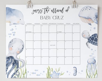 Under the Sea Baby Shower Juego de calendario de fecha de vencimiento, Adivina la fecha de vencimiento, Ocean Juego de calendario de fecha de vencimiento, Adivina el juego de cumpleaños Sign Download Beach