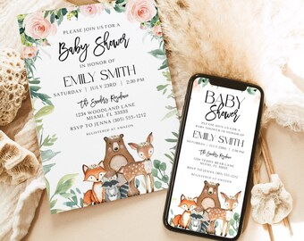 May include: A rectangular baby shower invitation card and a smartphone displaying the same digital invitation. Both feature pink roses, green foliage, and illustrations of a bear, deer, fox, and raccoon. Text includes details for Emily Smith.