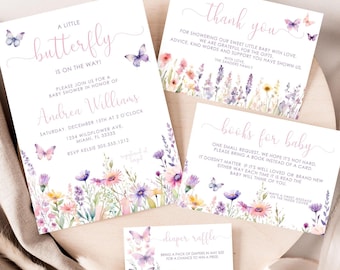 Butterfly Baby Shower Invitation Set, Butterfly Baby Shower Invitation Girl Bundle, Editable Purple Gold Butterfly Baby Shower Bundle