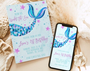 Mermaid Geburtstagseinladung, Mermaid 3. Geburtstagskind, unter dem Meer bearbeitbare Vorlage, Mermaid Party Purple Pink Invite 4th 5th 6th 7th
