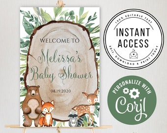 May include: A baby shower sign featuring a wood slice design with the text "Welcome to Melissa's Baby Shower" and the date 08.19.2020. The sign includes illustrations of woodland animals and is displayed on an easel.
