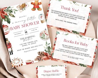 May include: Baby shower invitation and cards with a festive holiday theme. The invitation features text, gingerbread men, and Christmas ornaments. The cards include "Thank You", "Books for Baby", and "Diaper Raffle" messages. The design incorporates red, green, and white colors.