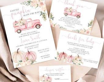 Pink Pumpkin Truck Baby Shower Invitation Set, Autumn Boho Pumpkin, Fall Baby Shower Invite A Little Pumpkin is On the Way Invitation Bundle