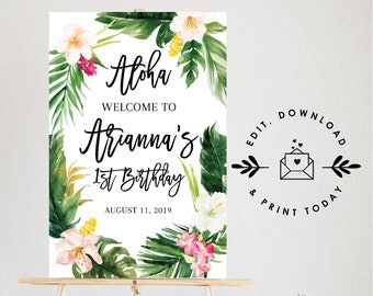 Tropical BIrthday Party Welcome Sign, Editable Luau Welcome Sign Template, Instant Download Summer Birthday Printable, Aloha Party Sign